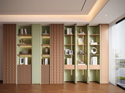 Elegant Modern Decorative Cabinets With Geometric Panels Green Brown Shelves Books Ornaments Vases Frames 3d model