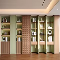 Elegant Modern Decorative Cabinets With Geometric Panels Green Brown Shelves Books Ornaments Vases Frames