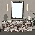 Entryway Console Cabinet with Marble Pattern Gold Accents Gold Framed Mirror Wall Sconces and Green Plant Decor