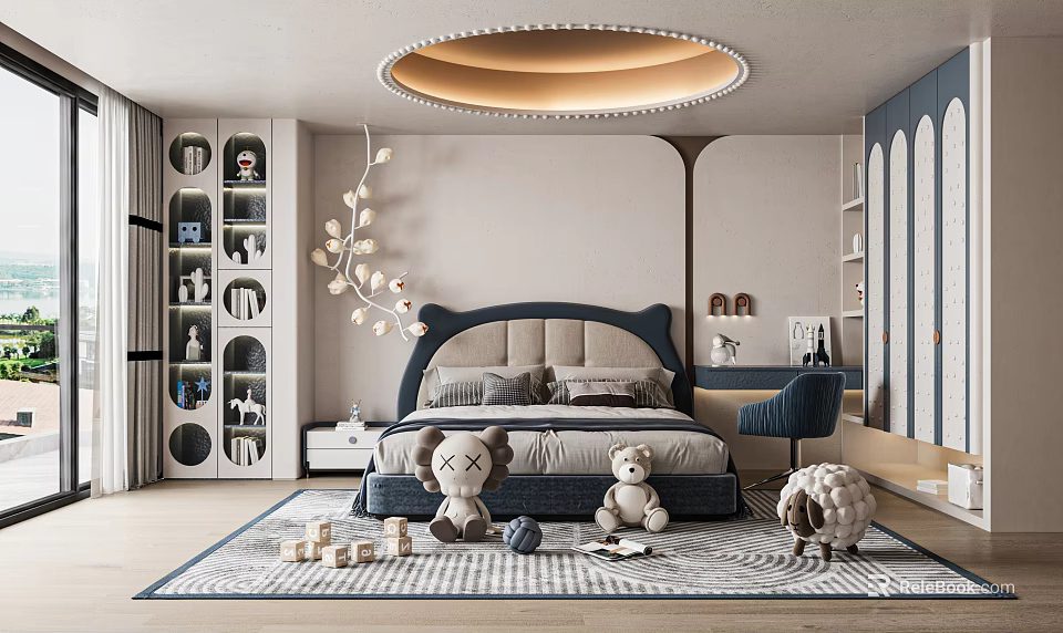 Kids Room Interior Design With Navy Blue Bed Plush Toys Bookshelf Round Ceiling Lamp And Rug 3d model 