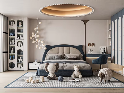 Kids Room Interior Design With Navy Blue Bed Plush Toys Bookshelf Round Ceiling Lamp And Rug 3d model