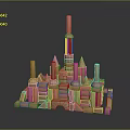 Wooden Block Castle Architecture Featuring Multiple Towers Spire And Various Height Blocks