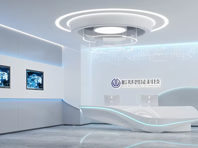 Modern Tech Exhibition Hall With Circular Ceiling Lamp Digital Screens And Curved White Reception Desk 3d model