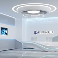Modern Tech Exhibition Hall With Circular Ceiling Lamp Digital Screens And Curved White Reception Desk