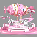 Pink Airship Art Installation With Golden Frame Spiral Ramp And Gift Boxes