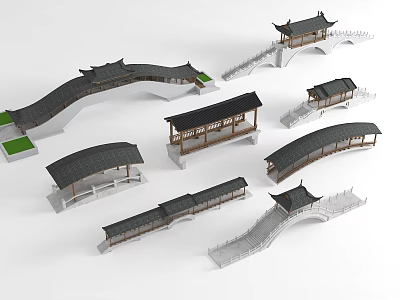 Traditional Style Landscape Bridges With Various Pavilion Roof And Architectural Model Designs 3d model