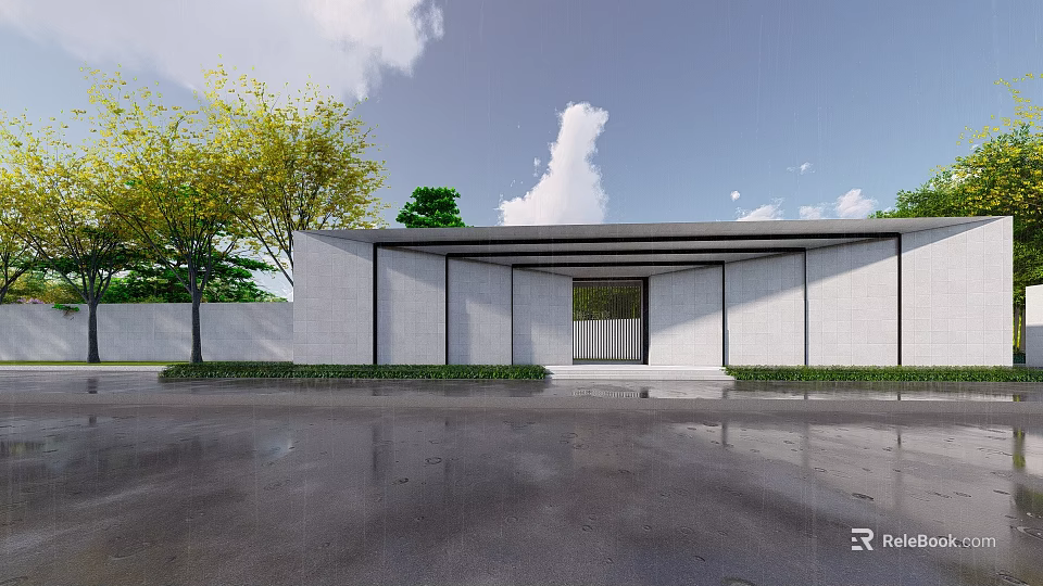 Contemporary Entrance Gate Design With Glass Panels Concrete Walls And Greenery 3d model 