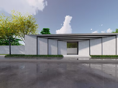 Contemporary Entrance Gate Design With Glass Panels Concrete Walls And Greenery 3d model