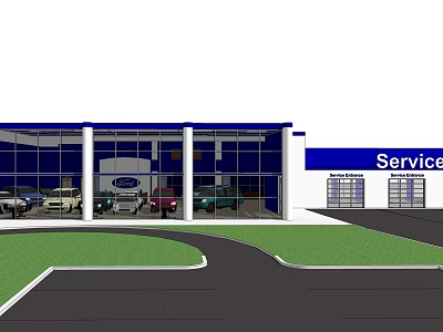 4S Car Dealership Exterior With Parked Cars Service Area Glass Facade And Lawn Driveway 3d model