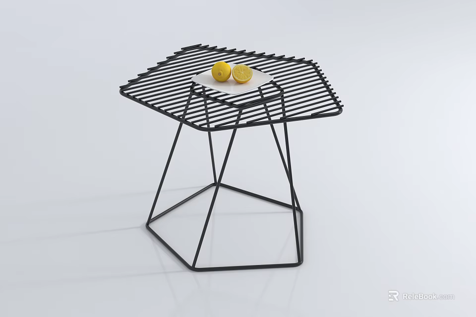 Modern Coffee Table With Black Metal Frame And Striped Top Featuring Two Lemons 3d model 