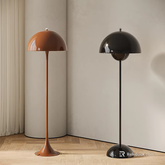 Modern Interior Featuring Two Brown And Black Dome Shaped Floor Lamps 3d model