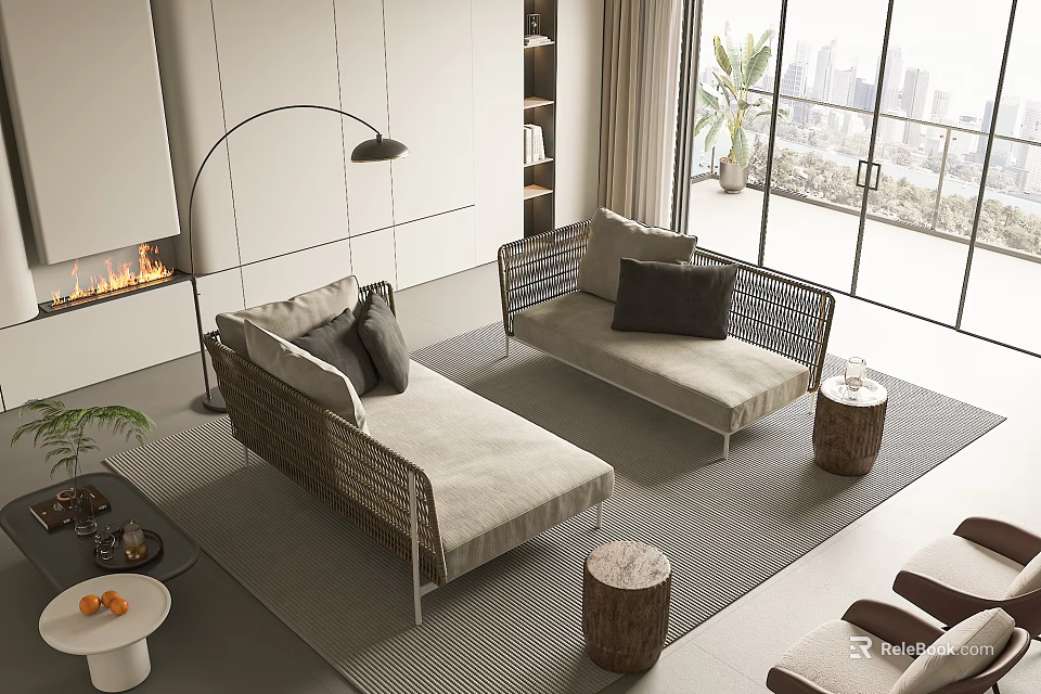 Modern Woven Sofa and Coffee Table Set with Plush Pillows and City View Living Room 3d model 