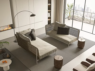Modern Woven Sofa and Coffee Table Set with Plush Pillows and City View Living Room 3d model