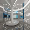 Modern Exhibition Hall Interior With Silver Metal Hand Sculpture Curved Structure And Blue White Walls