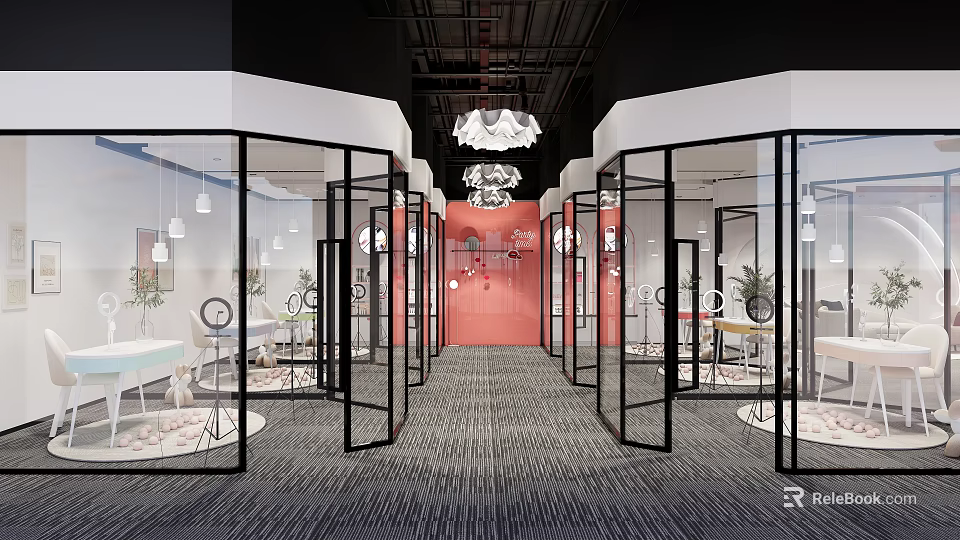 Public Office Space With Glass Partitions Chandeliers Open Layout And Carpeted Floor 3d model 