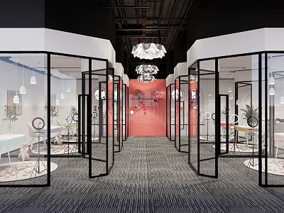 Public Office Space With Glass Partitions Chandeliers Open Layout And Carpeted Floor 3d model