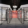 Public Office Space With Glass Partitions Chandeliers Open Layout And Carpeted Floor