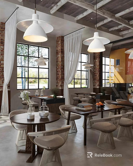 Cozy Café Interior With Large Windows White Curtains Brick Walls And Pendant Lights 3d model 