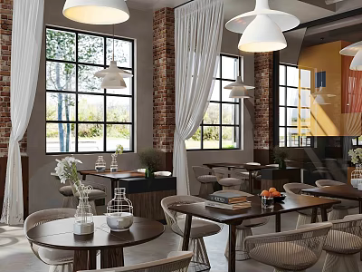 Cozy Café Interior With Large Windows White Curtains Brick Walls And Pendant Lights 3d model