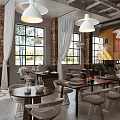 Cozy Café Interior With Large Windows White Curtains Brick Walls And Pendant Lights