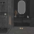 Modern Bathroom Interior With Round Illuminated Mirror Black Vanity And Marble Tiles