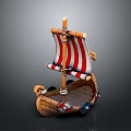 Decorative Wooden Ship Model With Red White Striped Sail Skull Decoration And Intricate Carvings