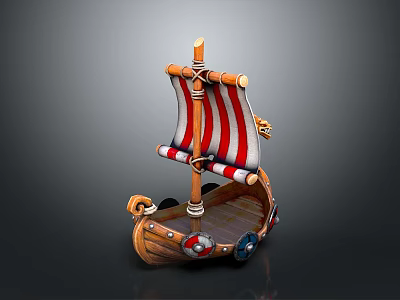 Decorative Wooden Ship Model With Red White Striped Sail Skull Decoration And Intricate Carvings 3d model