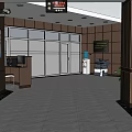 Elevator Corridor With Side Doors Red Trash Bins Ceiling Lights And Tile Floor 3d model