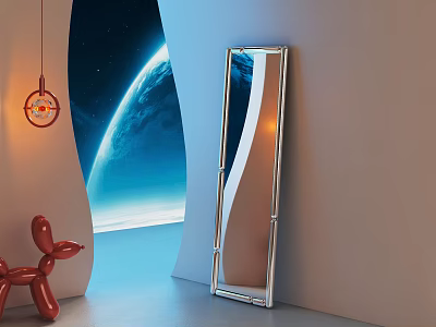 Curved Mirror with Metal Frame Red Balloon Dog Hanging Lamp and Space Background 3d model