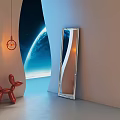 Curved Mirror with Metal Frame Red Balloon Dog Hanging Lamp and Space Background