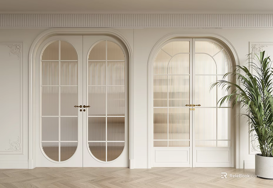 Elegant Arched Double Doors With Glass Panels And Wooden Frames In Classic Interior 3d model 