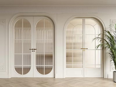 Elegant Arched Double Doors With Glass Panels And Wooden Frames In Classic Interior 3d model