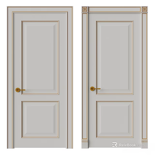 Modern Light Colored Hinged Doors With Golden Handles And Simple Panel Design 3d model