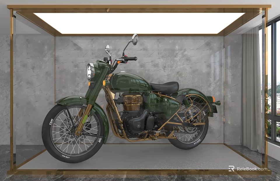 Vintage Green Motorcycle With Gold Accents Illuminated In Modern Gray Wall Display Space 3d model 