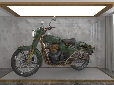 Vintage Green Motorcycle With Gold Accents Illuminated In Modern Gray Wall Display Space 3d model