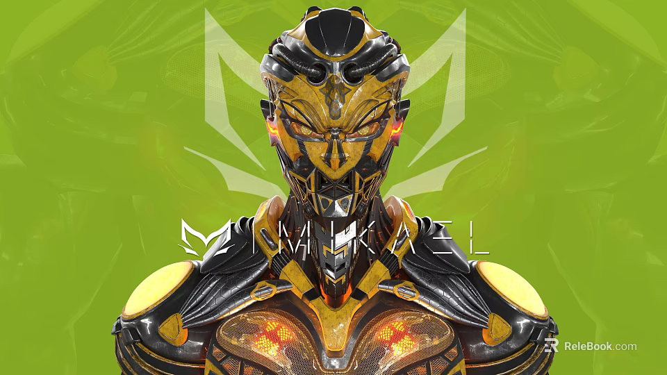 MALKRAZEL Game Movie Character With Intricate Head Design Gold Black Armor And Glowing Orange Accents 3d model 