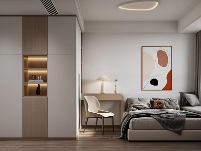 Modern Bedroom Interior With Wardrobe Lighting Abstract Painting Table Lamp And Wooden Floor 3d model