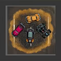 Colorful Cartoon Style Cars With Various Designs Parked On Gravel Parking Lot Surface