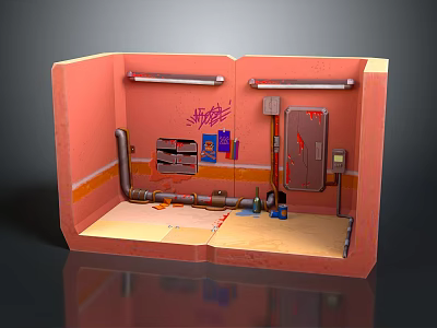 Cartoon Scene With Pink Walls Pipes Graffiti Storage Shelves And Metal Door 3d model