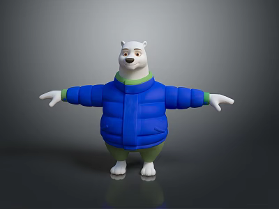 Cute Animated Polar Bear Character In Blue Puffer Jacket And Green Pants With Arms Outstretched 3d model