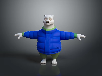 Cute Animated Polar Bear Character In Blue Puffer Jacket And Green Pants With Arms Outstretched 3d model