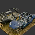 Severely Damaged Blue Car With Open Doors And Dented Shattered Body On Wooden Planks