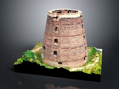 Ancient Red Brick Tower Ruin Scenic Landscape With Grassy Path And Greenery 3d model
