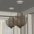 Two Woven Metal Cylindrical Bowl Chandeliers Ceiling Mounted In Indoor Dining Room