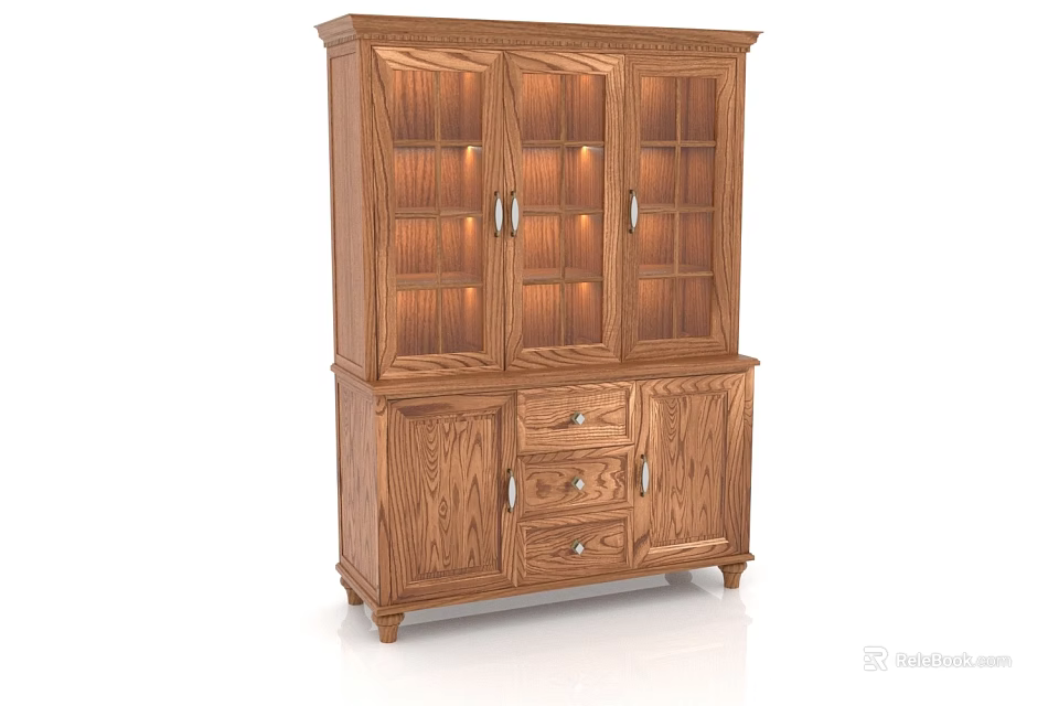 Traditional Oak Wood China Cabinet With Glass Doors Drawers And Display Shelves 3d model 