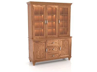 Traditional Oak Wood China Cabinet With Glass Doors Drawers And Display Shelves 3d model