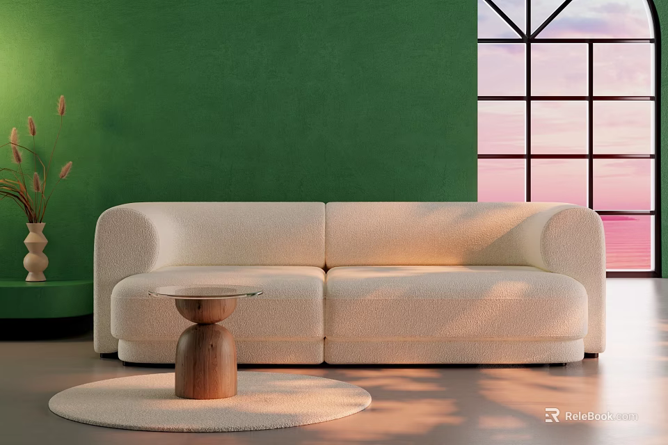Beige Two Seater Sofa With Green Wall Round Rug Wooden Table And Window Sunset View 3d model 