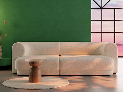 Beige Two Seater Sofa With Green Wall Round Rug Wooden Table And Window Sunset View 3d model