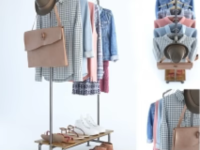 Metal Clothing Rack with Hanging Shirts Denim Jackets Sneakers Sandals and Handbags on Shelf 3d model