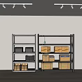 Supermarket Department Store Silver and Black Shelving Units with Labeled Cardboard Boxes Retail Storage Solution